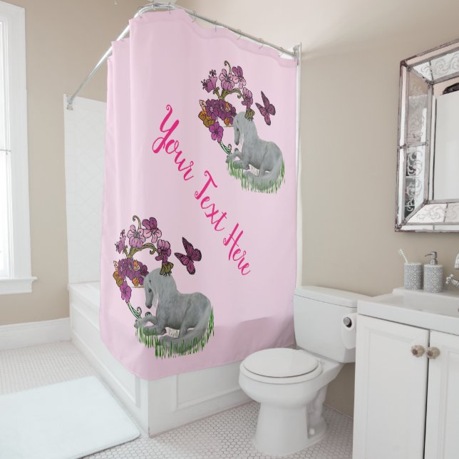 Unicorn Butterflies And Flowers Personalised Shower Curtain (In Situ)