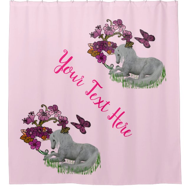 Unicorn Butterflies And Flowers Personalised Shower Curtain (Front)