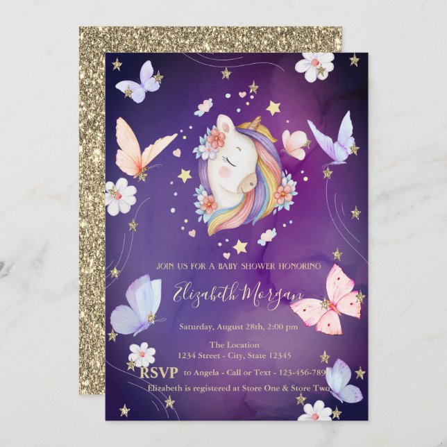 Unicorn Butterflies Glitter Violet Baby Shower Invitation (Front/Back)