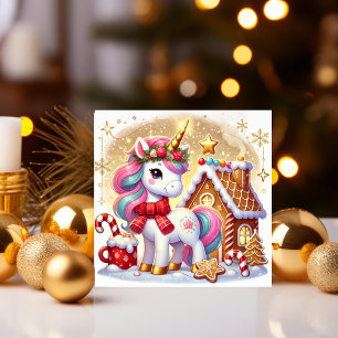 Unicorn by the Gingerbread House Holiday Card