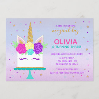 Unicorn Cake Birthday Invitation Pink Purple Gold