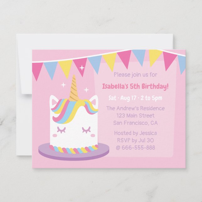 Unicorn Cake Bunting Flags Girls Birthday Party Invitation (Front)