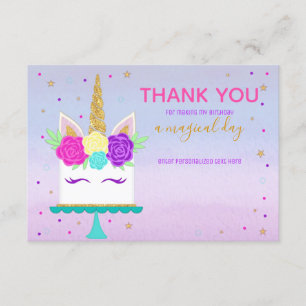 Unicorn Cake Thank You Note Pink Purple Gold