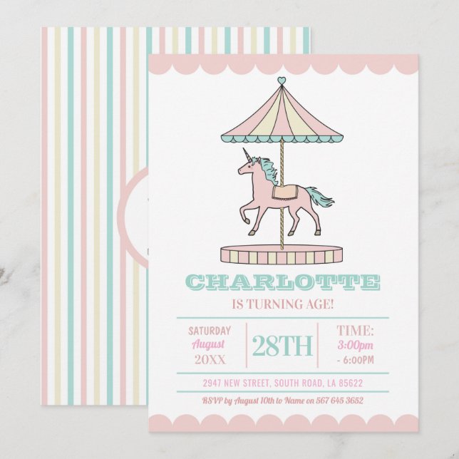 Unicorn Carousel Birthday Invitation Pink Mint (Front/Back)