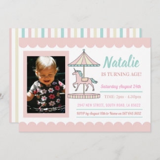 Unicorn Carousel Birthday Invitation Pink Photo