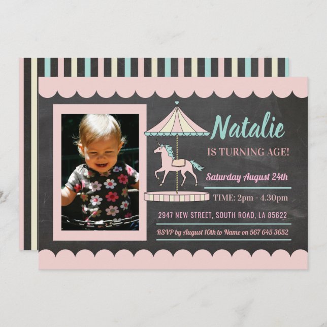 Unicorn Carousel Birthday Invite Pink Photo Chalk (Front/Back)