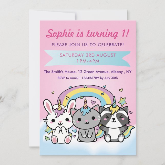 Unicorn Cartoon Animals Pastel Girls 1st Birthday Invitation (Front)
