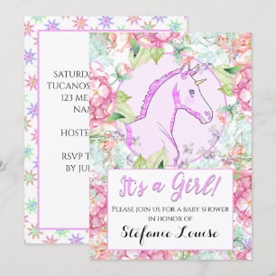 Unicorn Cartoon Pink Circle It's a Girl! Invitation