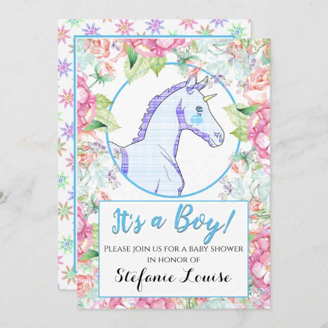 Unicorn Cartoon Pink Tarta It's a Boy! Invitation (Front/Back)