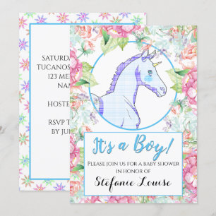 Unicorn Cartoon Pink Tarta It's a Boy! Invitation