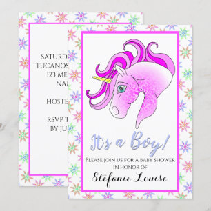 Unicorn Cartoon Purple Dapple It's a Boy! Invitation