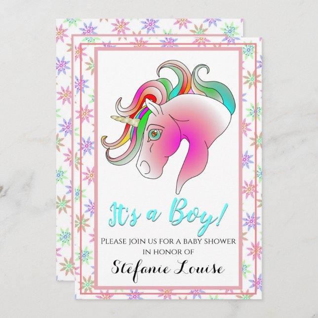 Unicorn Cartoon Rainbow It's a Boy! (gold horn) Invitation (Front/Back)