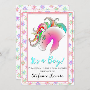 Unicorn Cartoon Rainbow It's a Boy! (gold horn) Invitation