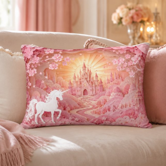 Unicorn Castle Accent Pillow (Pink Unicorn Castle Wall Art | Princess Nursery Print Piloow)