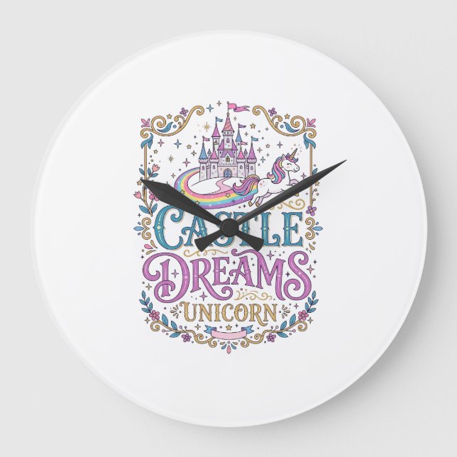 Unicorn Castle Dreams Unicorn White Background Pri Large Clock (Front)