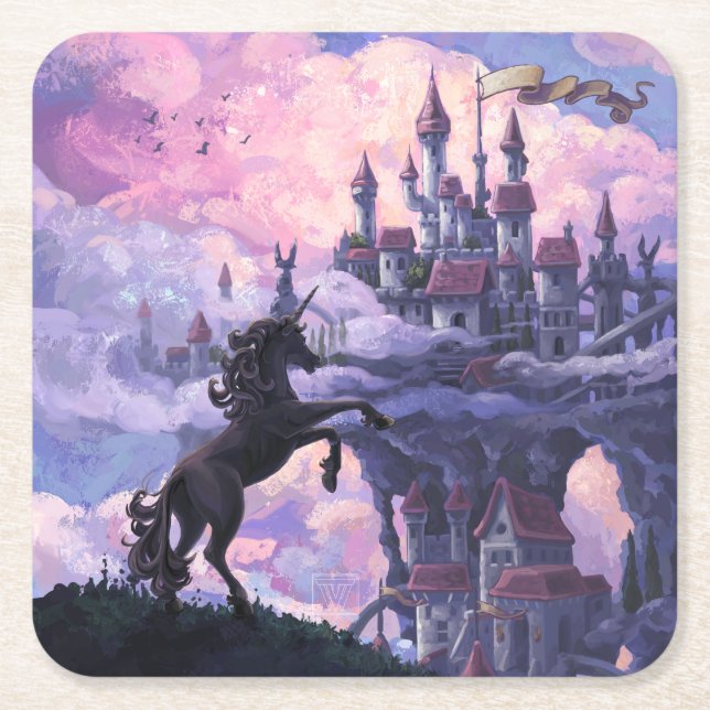 Unicorn Castle Square Paper Coaster (Front)