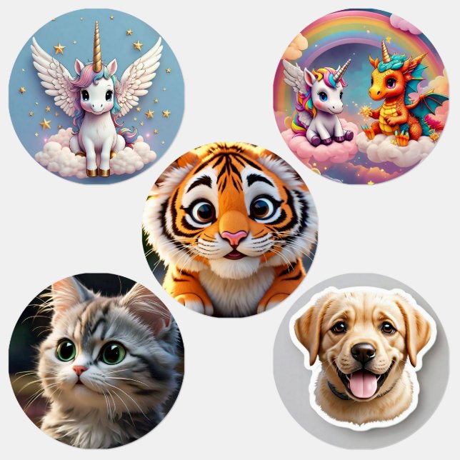 Unicorn, cat, Dog, Small Circle Waterproof Label (Group)