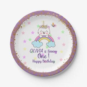 Unicorn Cat Rainbow Golden purple 1st Birthday Paper Plate