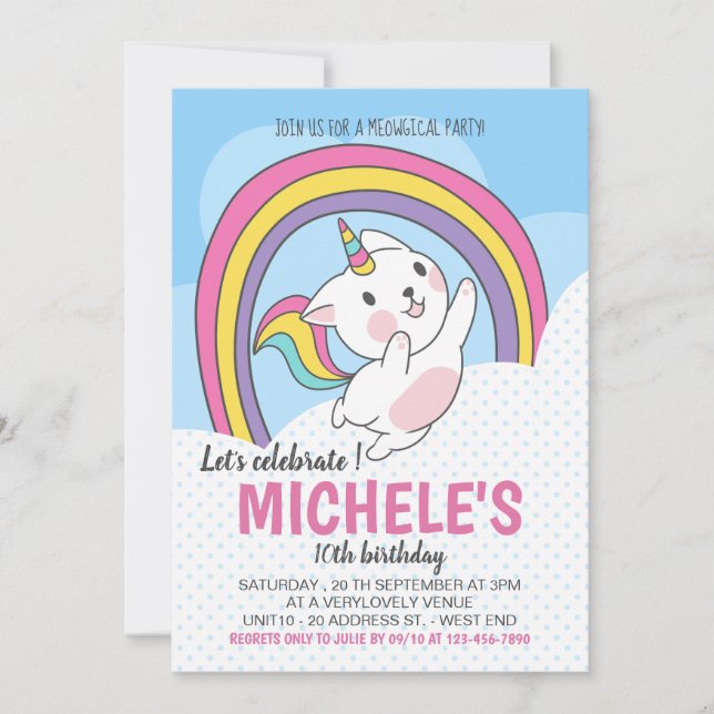 Unicorn Cat Rainbow Invitation (Front)