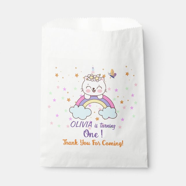 Unicorn Cat Rainbow Pastel Stars 1st Birthday  Favour Bags (Front)