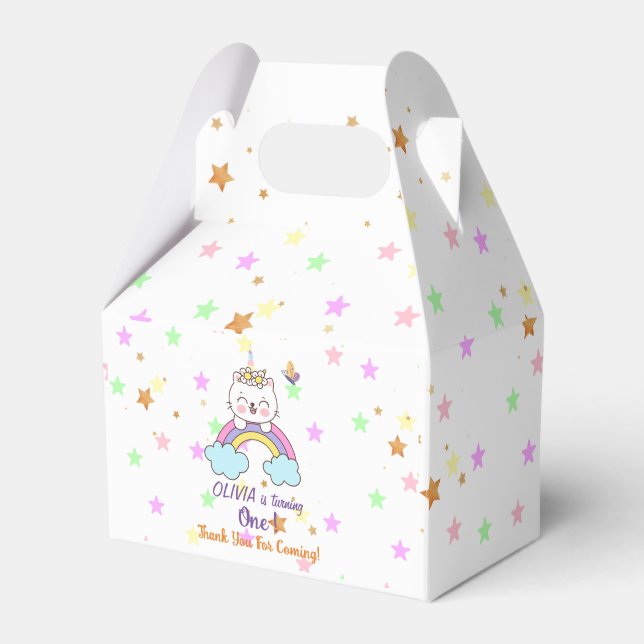 Unicorn Cat Rainbow Pastel Stars 1st Birthday  Favour Box (Front Side)
