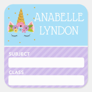 Unicorn Child School Name Label   Editable Colour