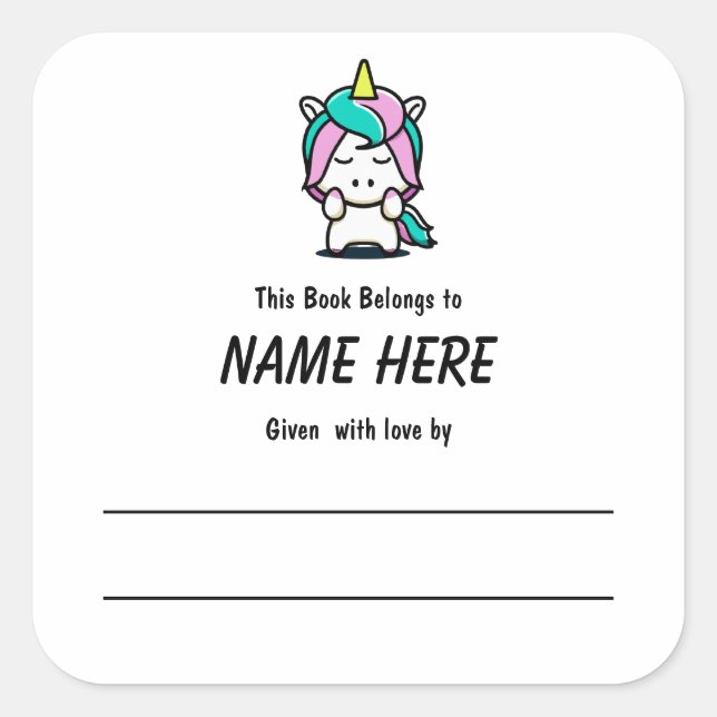 Unicorn Children's Bookplate With Message Square Sticker (Front)