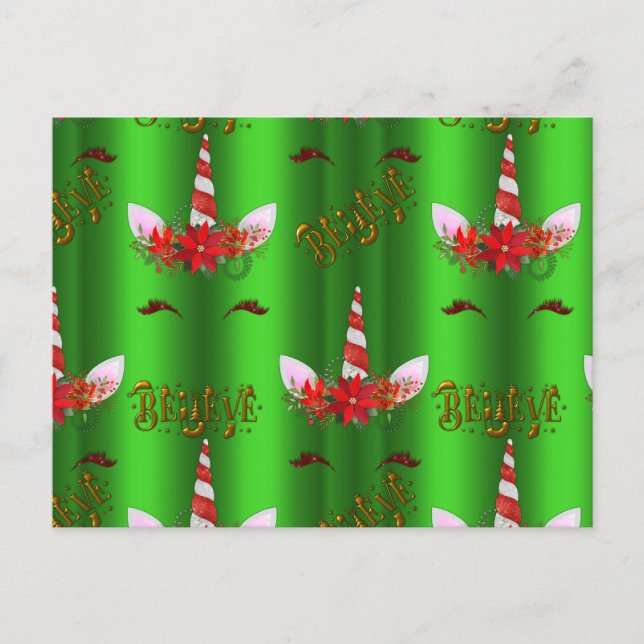 Unicorn Christmas Believe Green Postcard (Front)