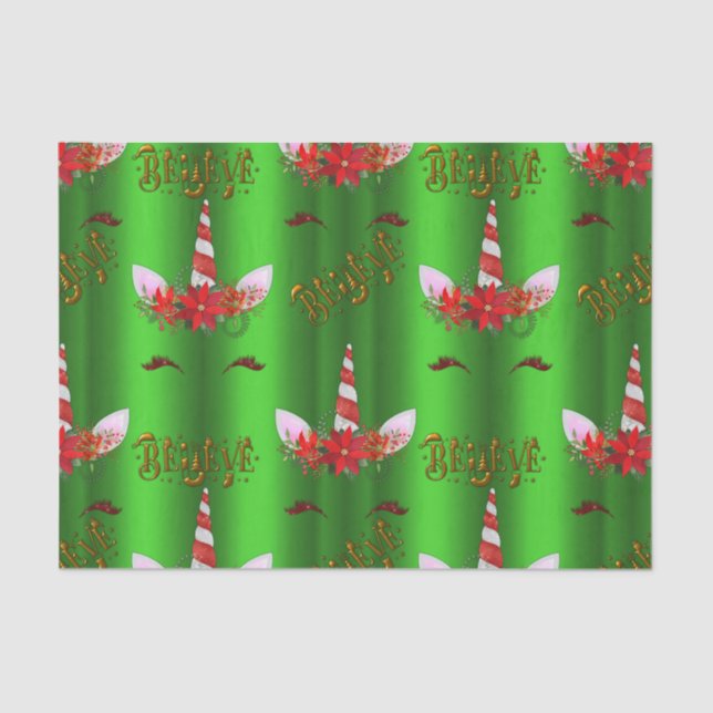 Unicorn Christmas Believe Green Tissue Paper (Front)