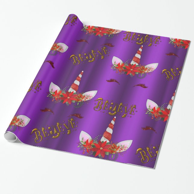 Unicorn Christmas Believe Purple Wrapping Paper (Unrolled)