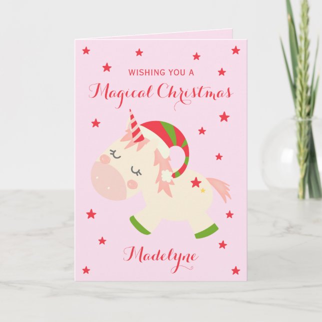 Unicorn Christmas Cute Personalised Pink Holiday Card (Front)