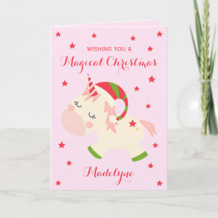 Unicorn Christmas Cute Personalised Pink Holiday Card
