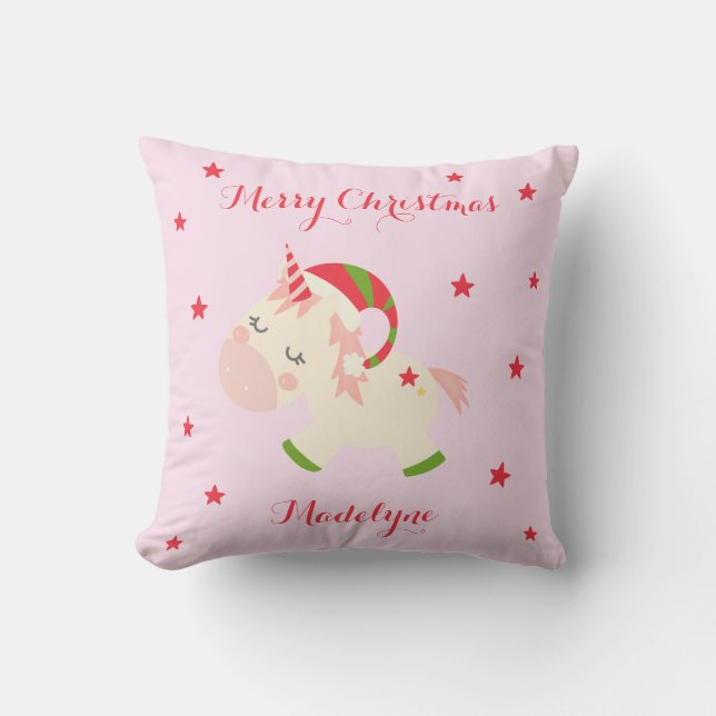 Unicorn Christmas Holiday Personalised Pink Cushion (Front)