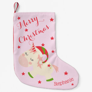 Unicorn Christmas Holiday Personalised Pink Small Christmas Stocking