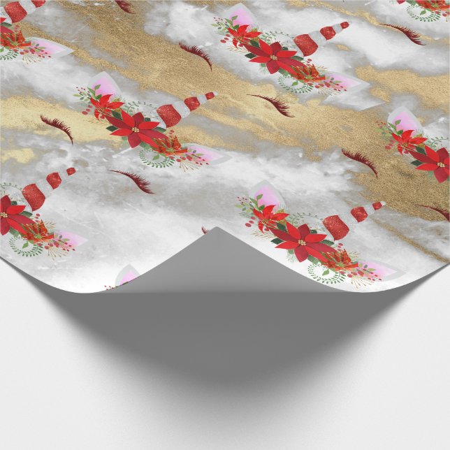 Unicorn Christmas Holidays Marble Red Rose Gold Wrapping Paper (Corner)