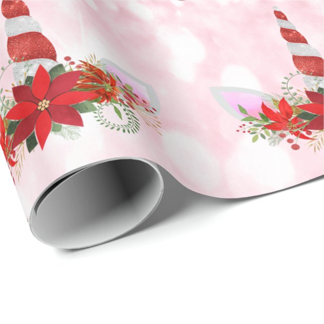 Unicorn Christmas Holidays Pink Glitter Red Gold Wrapping Paper (Roll Corner)