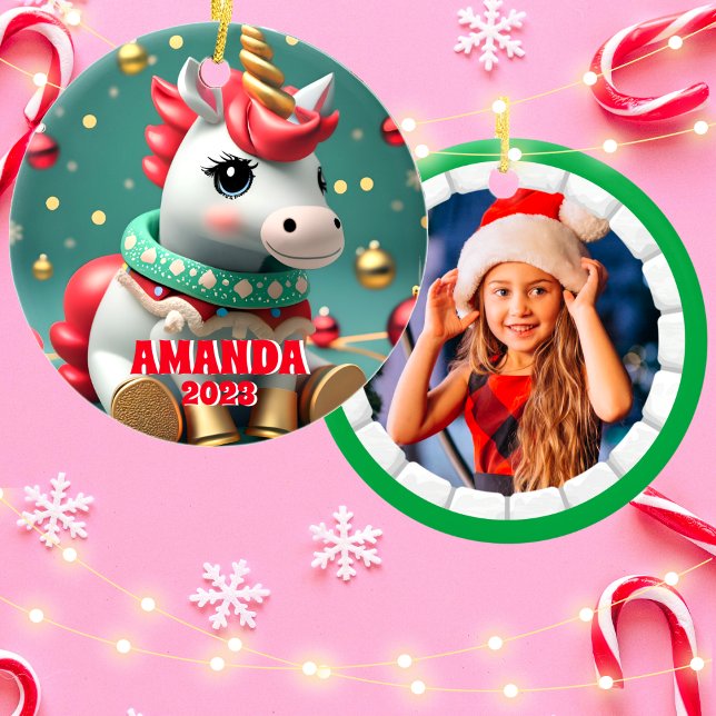 Unicorn Christmas Personalised Kids Photo Ceramic Tree Decoration (Creator Uploaded)