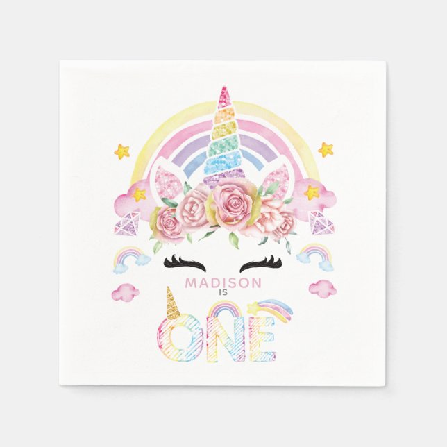 Unicorn Colourful First Birthday Napkin (Front)