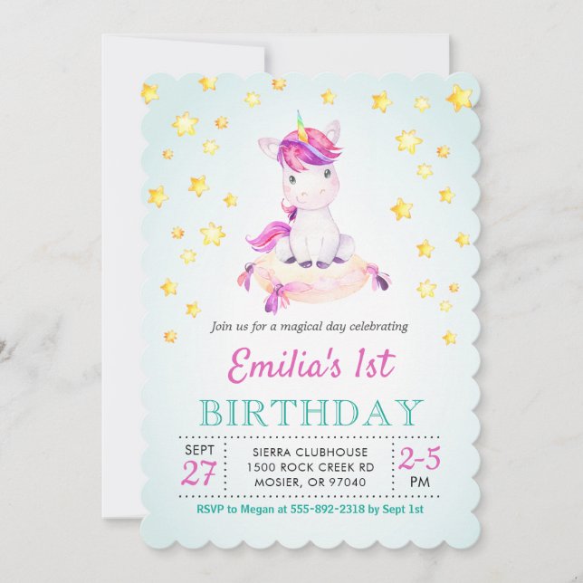 Unicorn Colourful Girl Kids Children Birthday Part Invitation (Front)