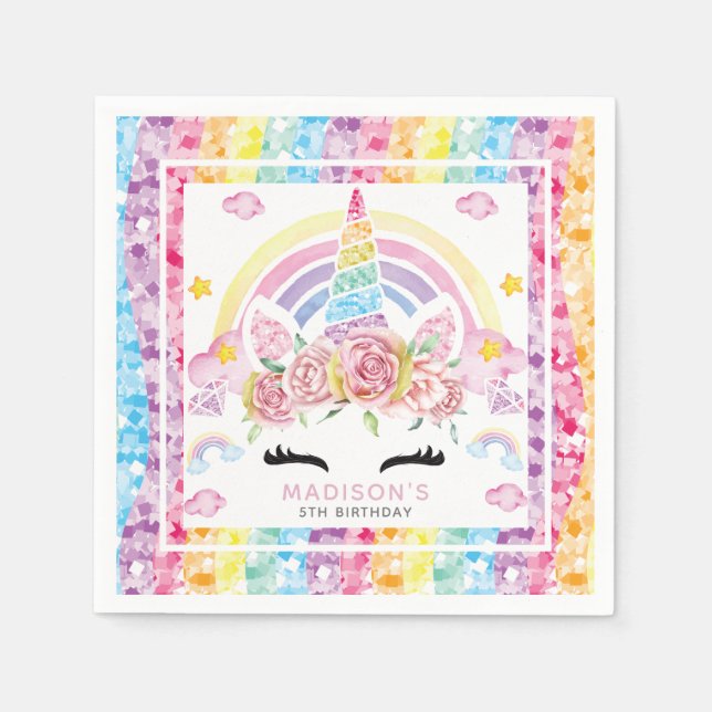 Unicorn Colourful Glitter Birthday Napkin (Front)