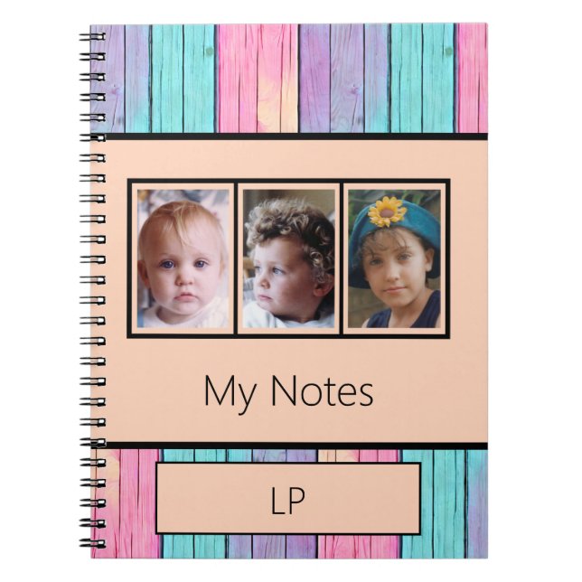 Unicorn colours 3 photo initials peach notebook (Front)