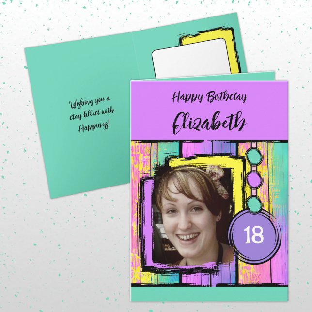 Unicorn colours faux wood add photo 18th birthday card (Creator Uploaded)
