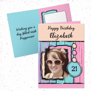 Unicorn colours faux wood add photo 21st birthday card
