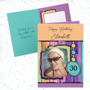 Unicorn colours faux wood add photo 30th birthday card