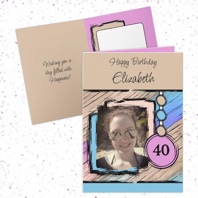 Unicorn colours faux wood add photo 40th birthday card (Creator Uploaded)
