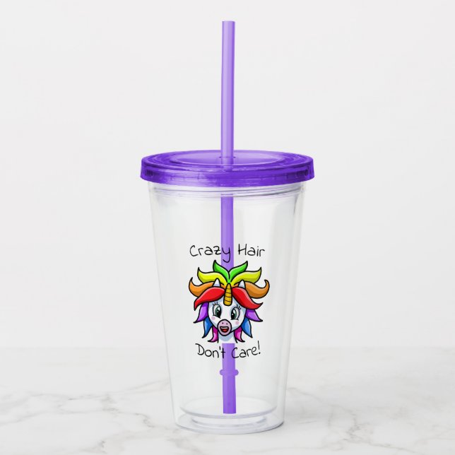 Unicorn Crazy Hair Don't Care Funny Acrylic Tumbler (Front)