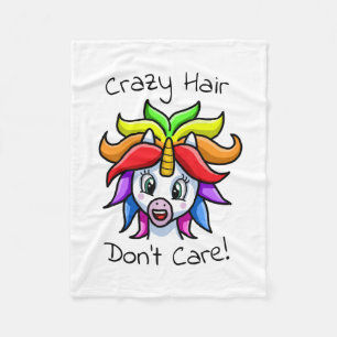 Unicorn Crazy Hair Don't Care Funny Fleece Blanket