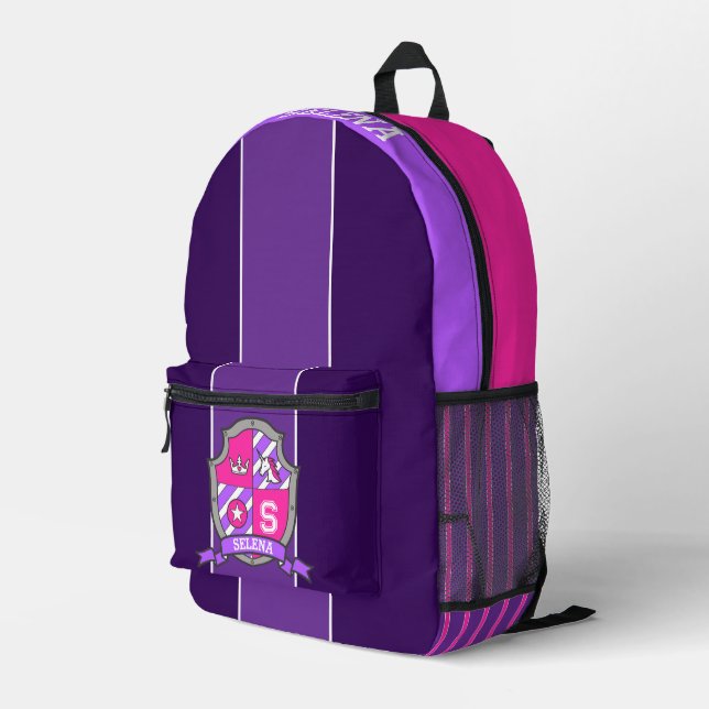 Unicorn crest purple pink stripe custom name printed backpack (Back Corner Right)