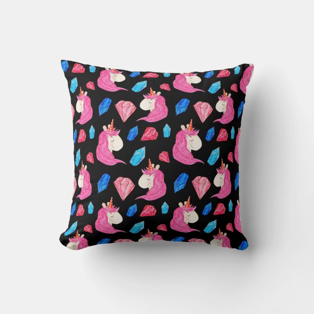 Unicorn, crystals: magical watercolor pattern. cushion (Front)