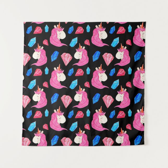 Unicorn, crystals: magical watercolor pattern. tapestry (Front)